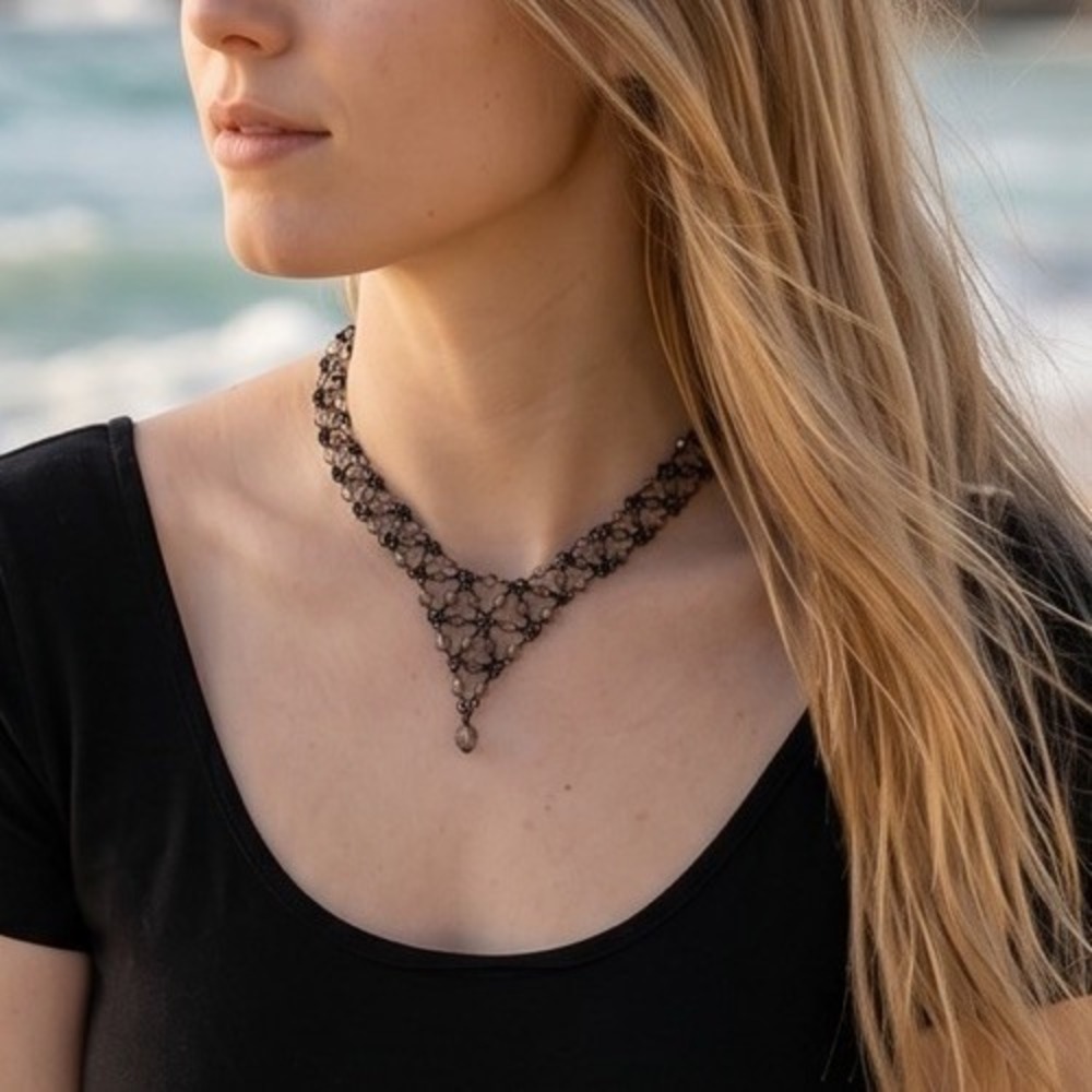 Smokey Gray Faceted Bead Bib Necklace Gunmetal Tone Gothic Victorian Romantic